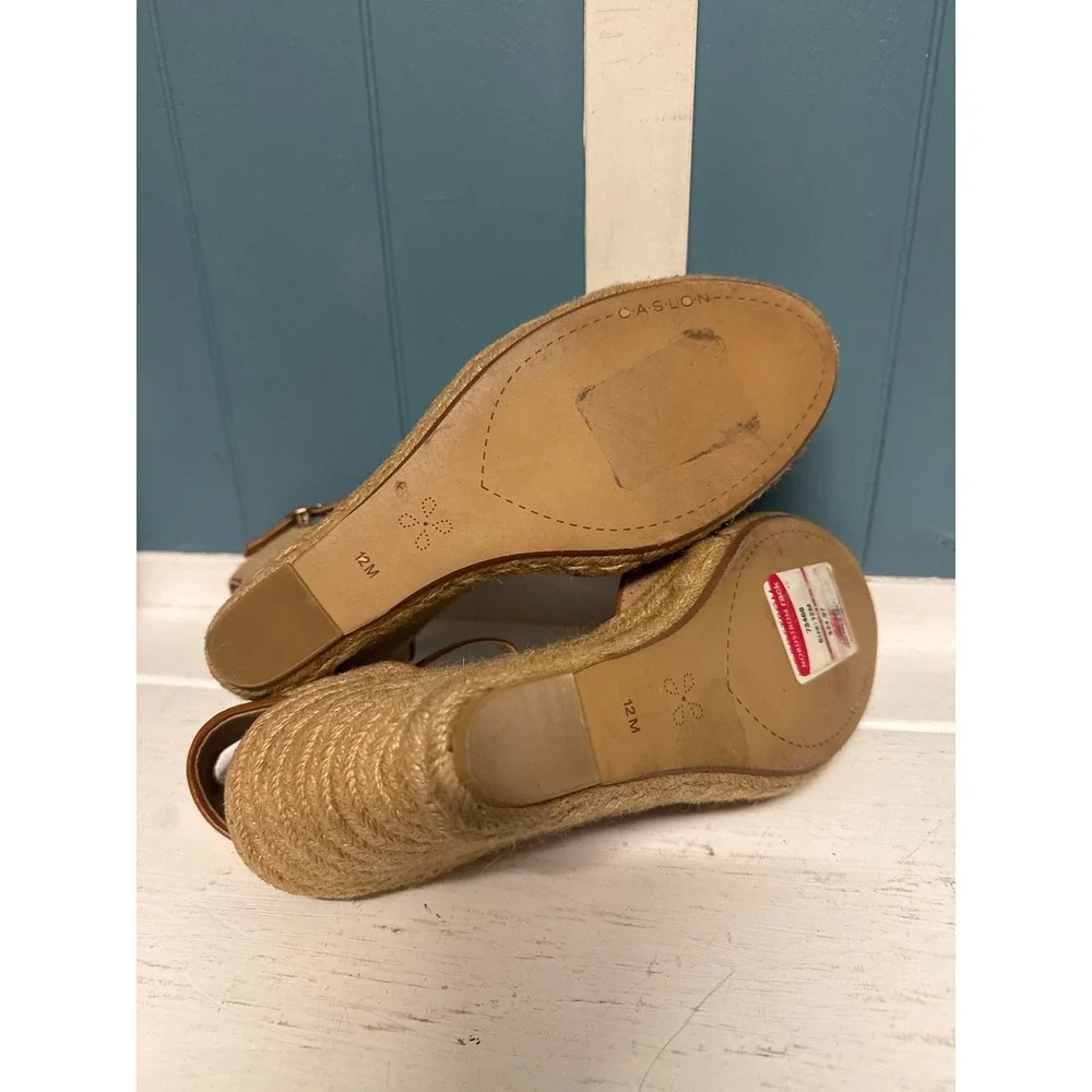CASLON Women Tan Perforated Espadrille Wedge Ankle Strap Shoes Size 12M